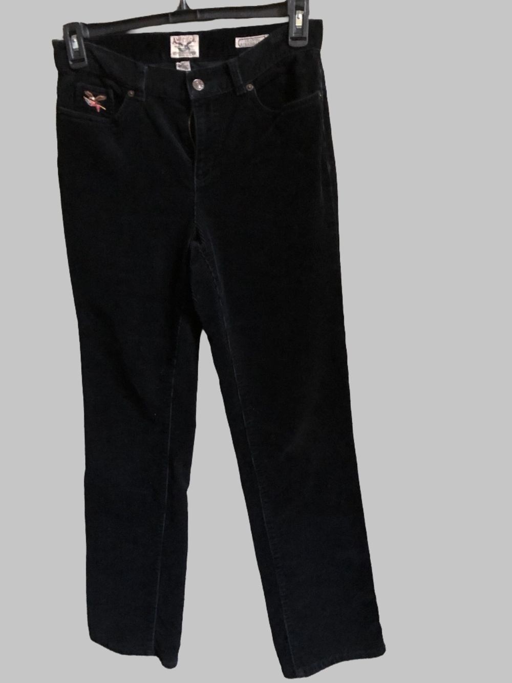 American Living Black Corduroy Straight Leg Pants Embroidered Eagle Flag 6